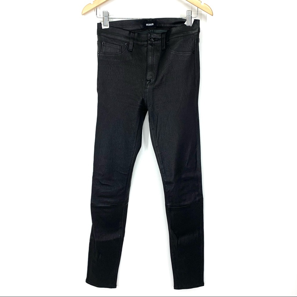 Hudson Lambskin Leather Barbara High Rise Super Skinny Black Pants Jeans Size 27